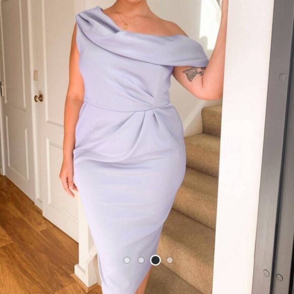 ASOS DESIGN Lavender Off-Shoulder Midi Dress with Draped Detail, Size 12 - Picture 2 of 5